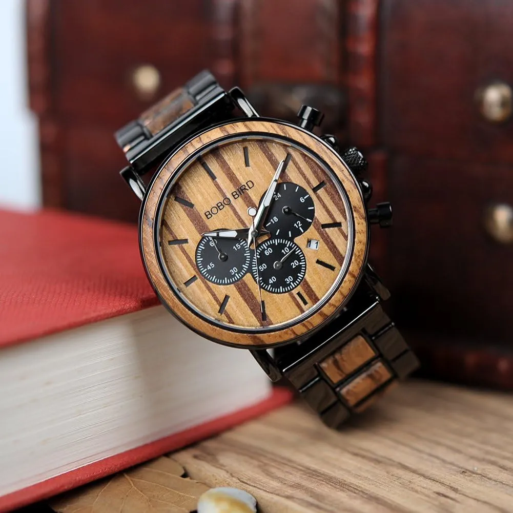 Wooden Watches, Stylish Wood & Stainless Steel Combined Quartz Casual hearth sonic ax notwithstanding Wristwatches for Men Family Friends Customized Watch BOBO BIRD Mens Personalized Engraved 
