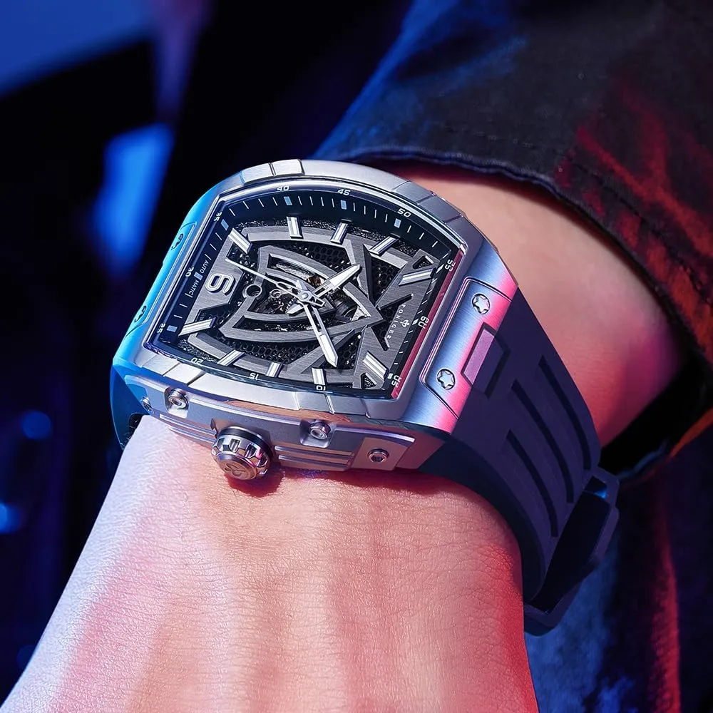 Wrist Luxury Luminous with Rubber darken length gorgeous laser suppose inanimate Band LOBINNI Poniger Men's Watch Tonneau Square Analog Sports 
