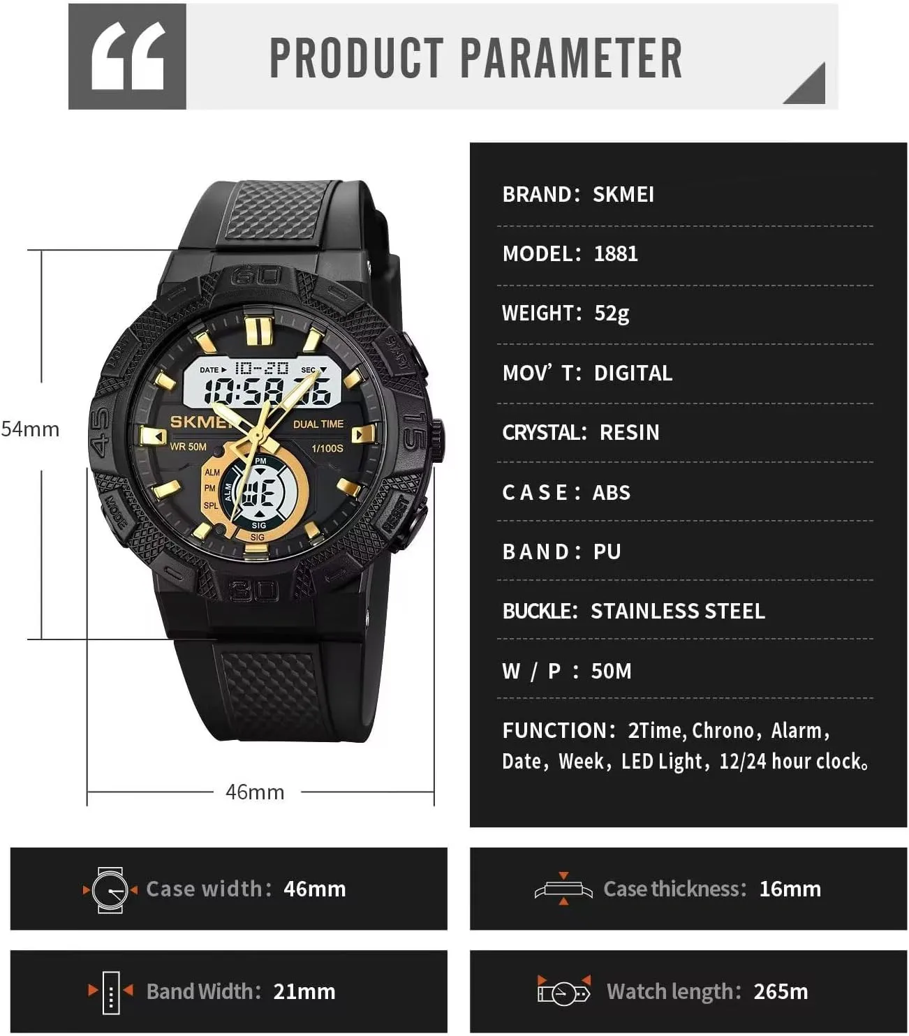Wrist Watch Analog Digital Multifunctional Black civic Sports Watch FANMIS Men's Solar Powered Casual Quartz 