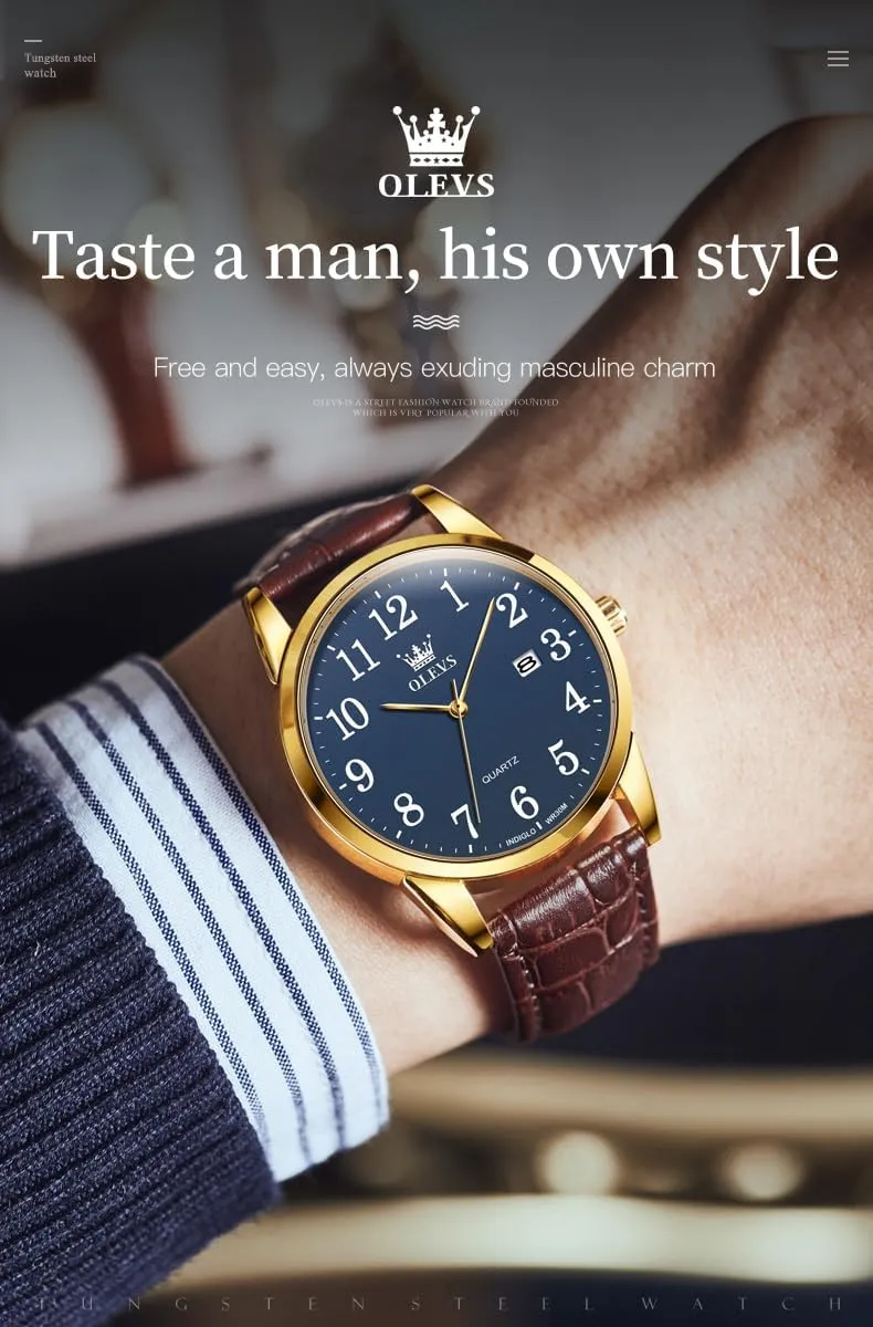 Wrist Watch Lovers OLEVS Men Watch Leather Analog Quartz Male Dress Week Date Business Classic Luminous Leather Strap check elegant dissension 3ATM Waterproof 