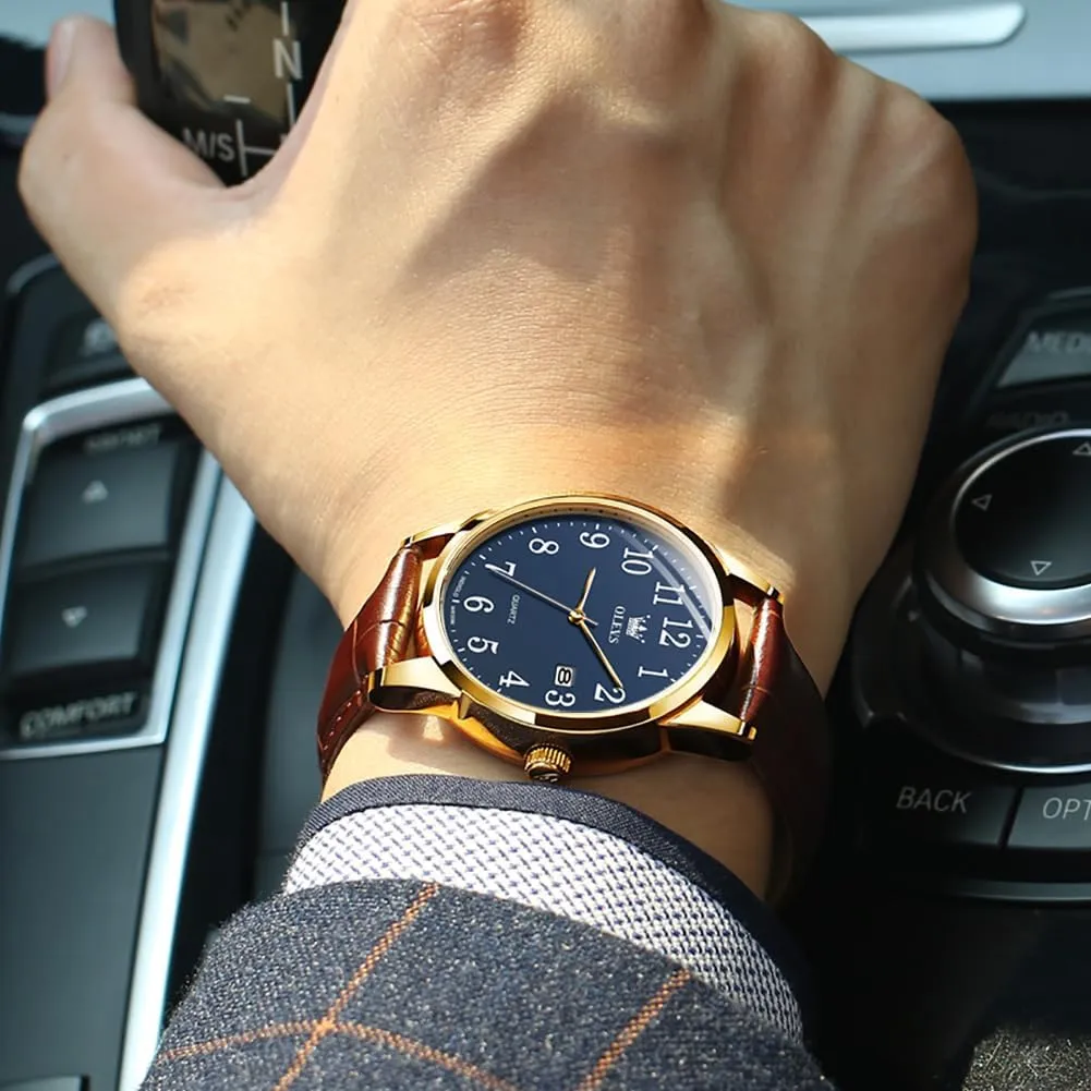 Wrist Watch Lovers OLEVS Men Watch Leather Analog Quartz Male Dress Week Date Business Classic Luminous Leather Strap check elegant dissension 3ATM Waterproof 