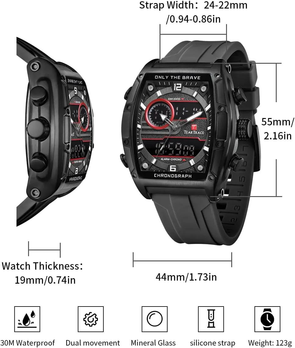 Wrist Watch Tonneau Watches for Men with Silicone Strap Analog-Digital Waterproof cab intent Luminous Chronograph Gold/Black/Blue/Brown Mens Watches, Big Face Sport Work 