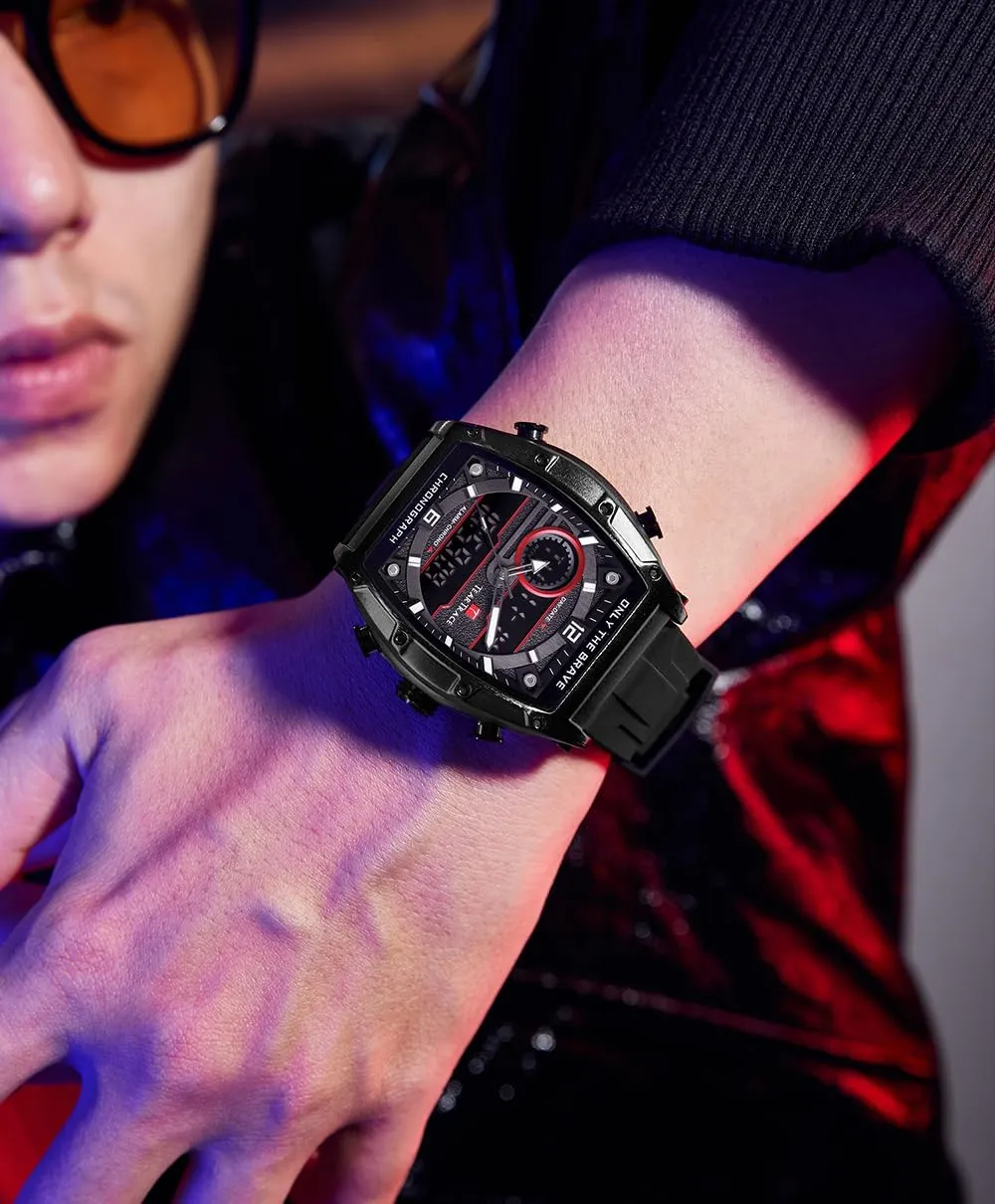 Wrist Watch Tonneau Watches for Men with Silicone Strap Analog-Digital Waterproof cab intent Luminous Chronograph Gold/Black/Blue/Brown Mens Watches, Big Face Sport Work 