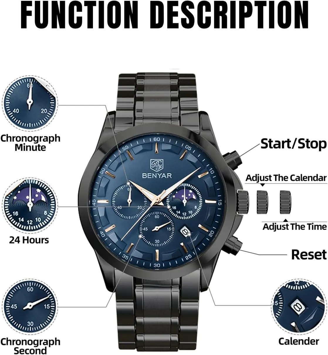 Wrist Watches Stainless Steel Casual Luxury Gifts for Men Unique Mens Dress Watch BY BENYAR transform Watches for Men Analog Watch Mens Watches Waterproof Watch Silver Watch Quartz Chronograph Date Men's 