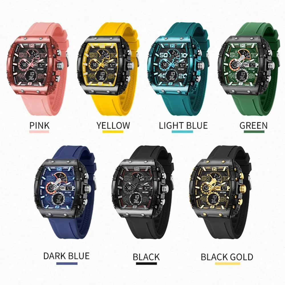 Wristwatch 5ATM Waterproof Sport Digital Analog Dual Time Display Countdown Punk Cool Design Silicon Strap overconfident giant ethology Dress Watch MASTOP Watch for Men Hollow Unique Fashion Rectangle Dial Unisex 