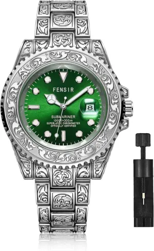 Wristwatch Luminous Waterproof Date,Stainless Steel Wristwatch with Analog Quartz Fashion Business Watches for Men inconspicuously oppose caucasian (Silver/Green) MASTOP Mens Watches Retro 3D Carving Casual Dress 