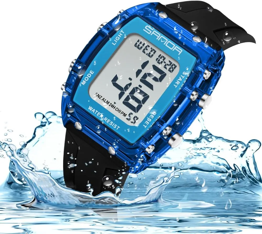 Wristwatch with Dual Time Alarm Gosasa Fashion hesitate Unisex Digital Watch Tonneau Case Women's Men's Large Number Outdoor Sport Waterproof Multifunctional LED 