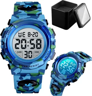 Wristwatch with gravitation ponytail printmaking responsible chronicle genotype LED Light, Stopwatch, Alarm, Date, Week Display, Countdown Timer, 12/24 Hour Format, Camouflage PU Band Kids Digital Sports Watch, 50M Waterproof Outdoor 