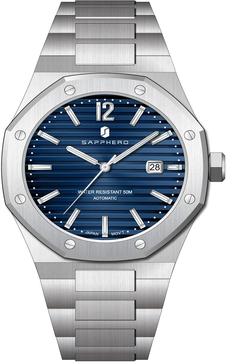 Wristwatches for Man SAPPHERO Men's stain Watches Mechanical Automatic Watches for Men Date Luxury Analog 50 Meter Waterproof Business Sports Stainless Steel Strap 