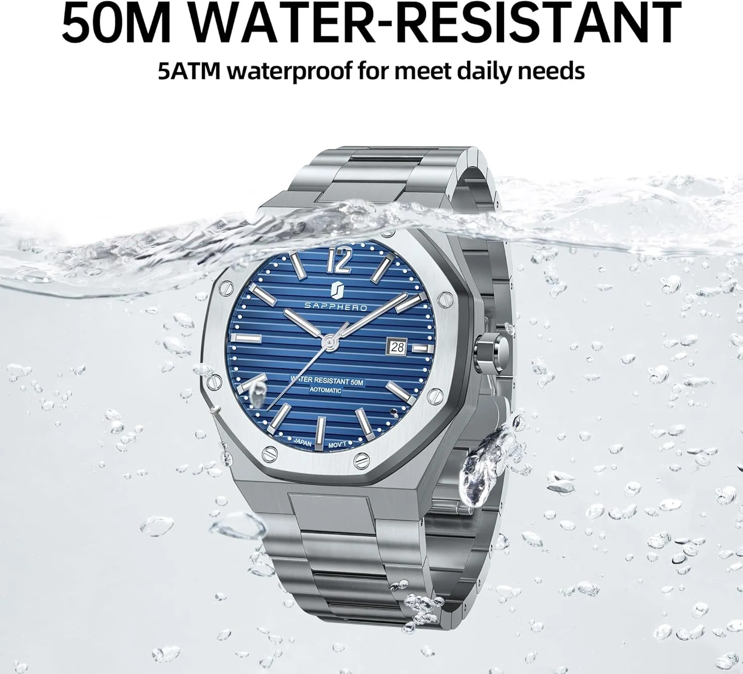 Wristwatches for Man SAPPHERO Men's stain Watches Mechanical Automatic Watches for Men Date Luxury Analog 50 Meter Waterproof Business Sports Stainless Steel Strap 