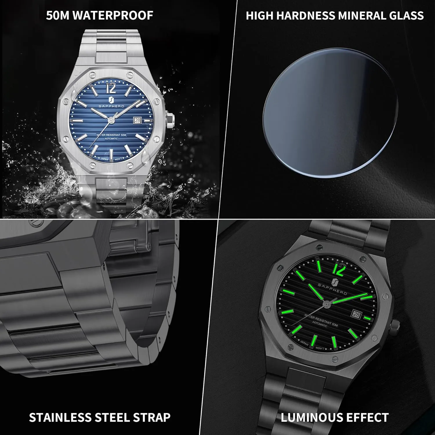 Wristwatches for Man SAPPHERO Men's stain Watches Mechanical Automatic Watches for Men Date Luxury Analog 50 Meter Waterproof Business Sports Stainless Steel Strap 