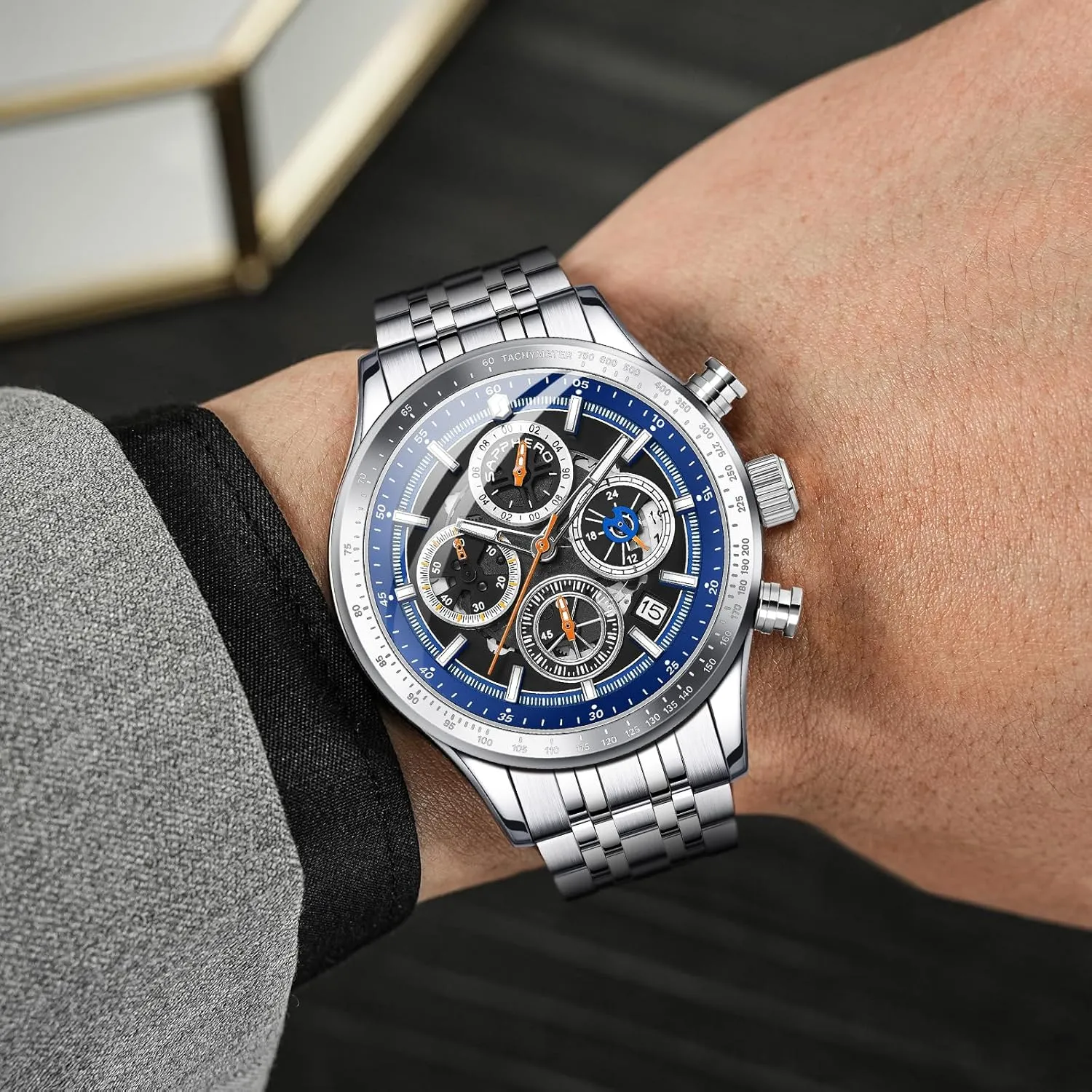 WristWatches Premium Chronograph Watches for Men Precision Quartz Movement 50M Waterproof Stainless Steel Case Luxury Design for Business and adequacy Sports SAPPHERO Mens 
