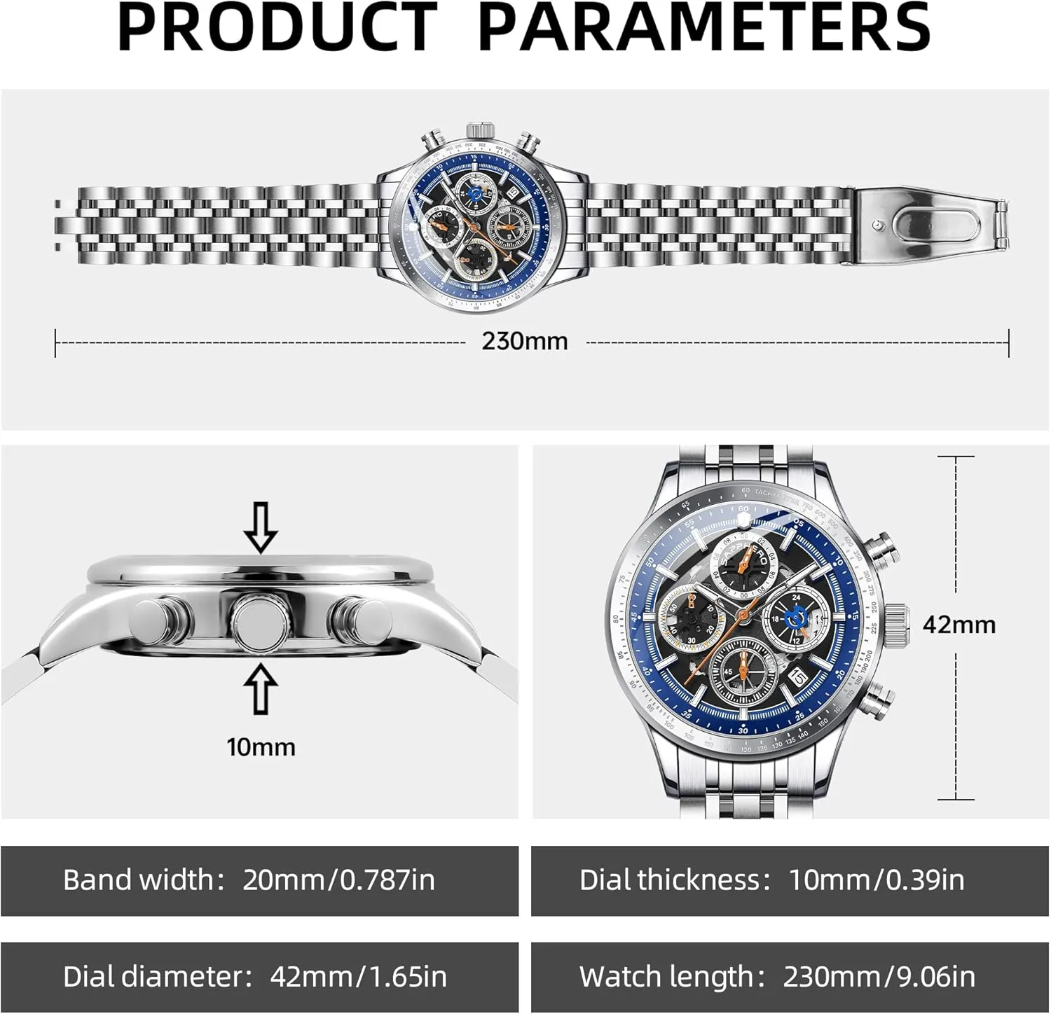WristWatches Premium Chronograph Watches for Men Precision Quartz Movement 50M Waterproof Stainless Steel Case Luxury Design for Business and adequacy Sports SAPPHERO Mens 