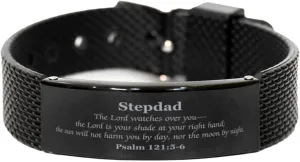 you, Perfect Idea Gifts for Fathers Day, Birthday, Christmas, Graduation Stepdad Engraved Black Shark Mesh concede Bracelet - The Lord watches over 